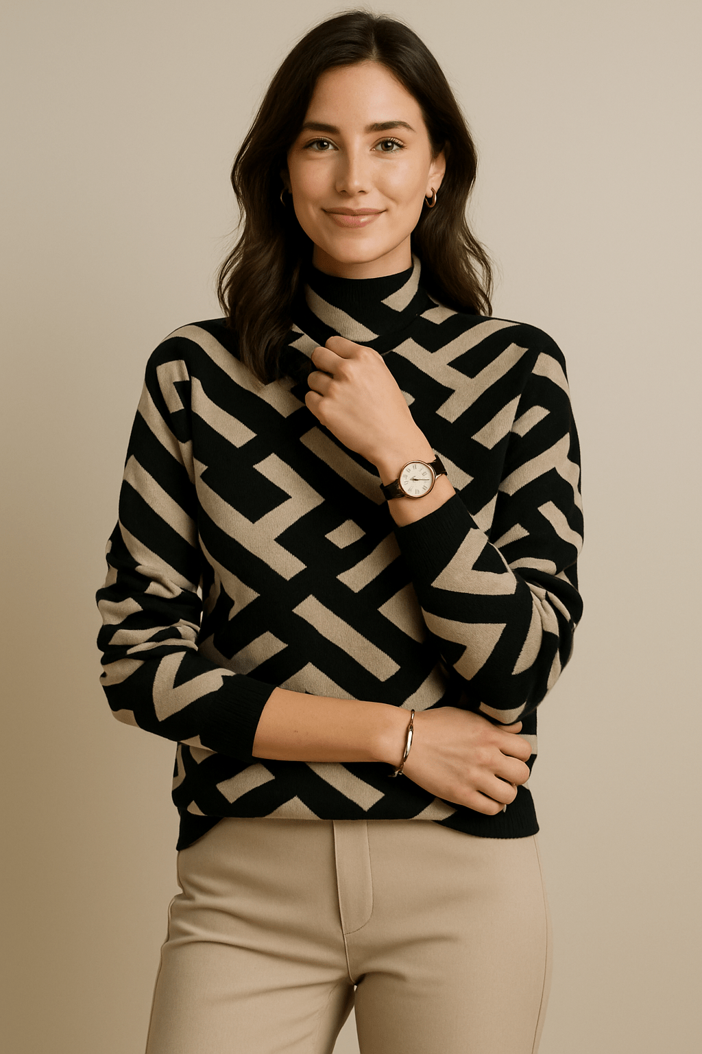 Greyson Dept. | Mae – Women’s Geometric Knitted Top with Long Sleeves – Black-Beige