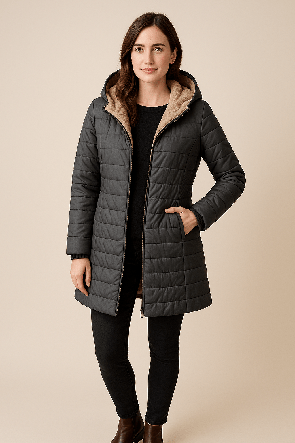 Greyson Dept. | Nia – Women’s Quilted Mid-Length Puffer Coat with Plush Lining and Hood