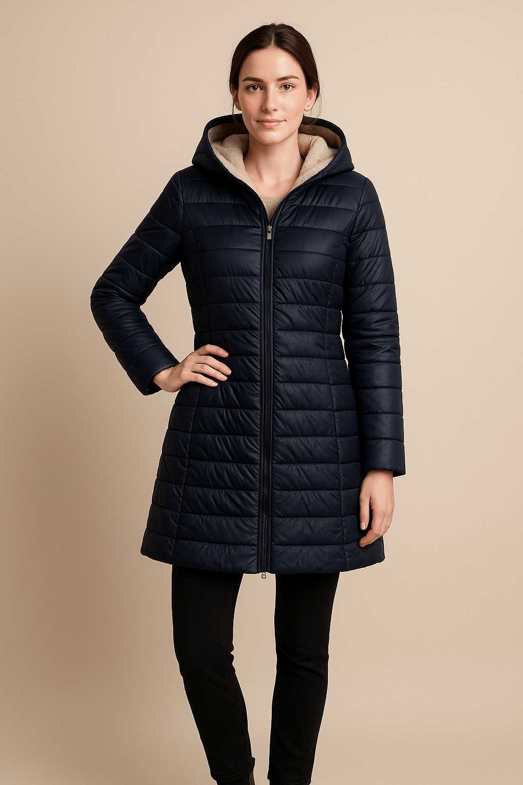 Greyson Dept. | Nia – Women’s Quilted Mid-Length Puffer Coat with Plush Lining and Hood