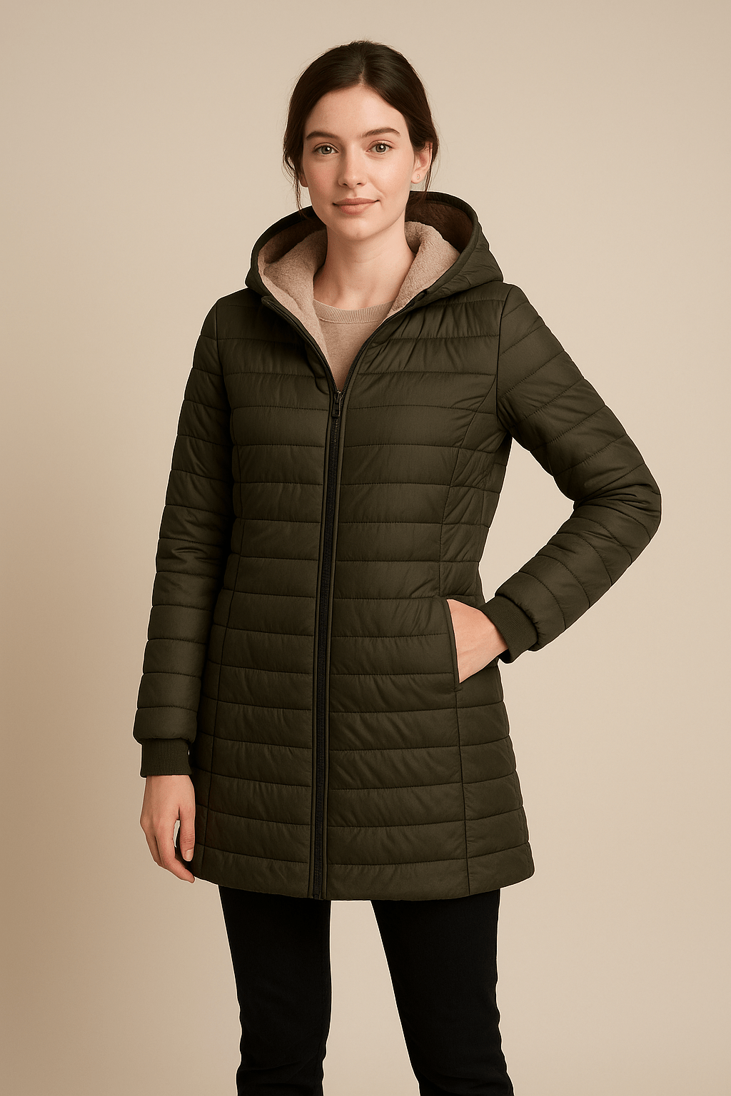 Greyson Dept. | Nia – Women’s Quilted Mid-Length Puffer Coat with Plush Lining and Hood